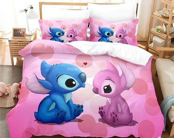 Juego de ropa de cama Lilo y Stitch Angel Rosa Azul, funda nórdica de microfibra con dibujos animados