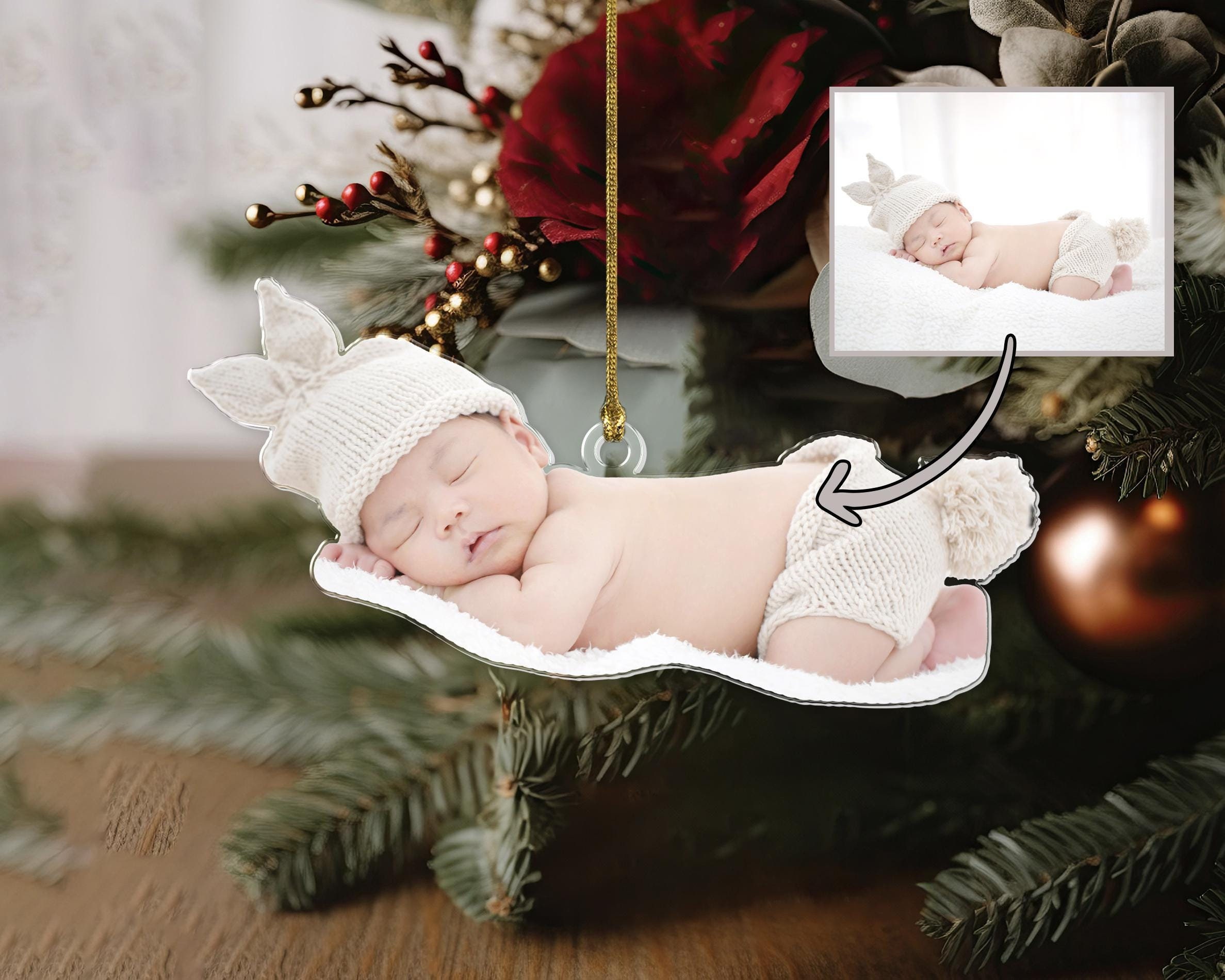Custom Baby Photo Ornament, Personalized Newborn Picture Ornament, Baby First Christmas Ornament, Acrylic Crop Ornament, New Mom Ornament