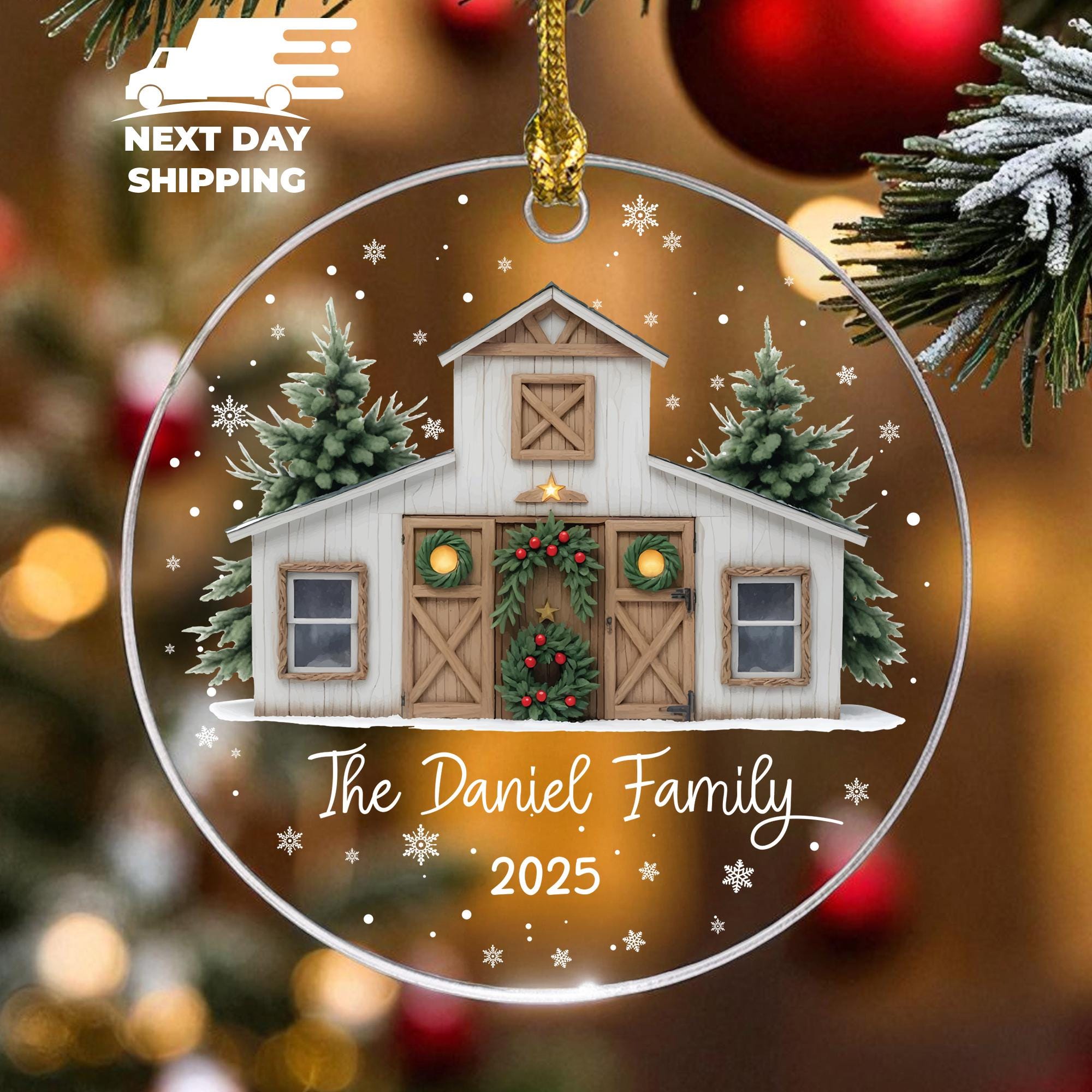 Family Barn Christmas Ornament, Custom Family Name Ornament, Personalized Rustic Ornament, Christmas Decoration, Vanity Glass Ornament