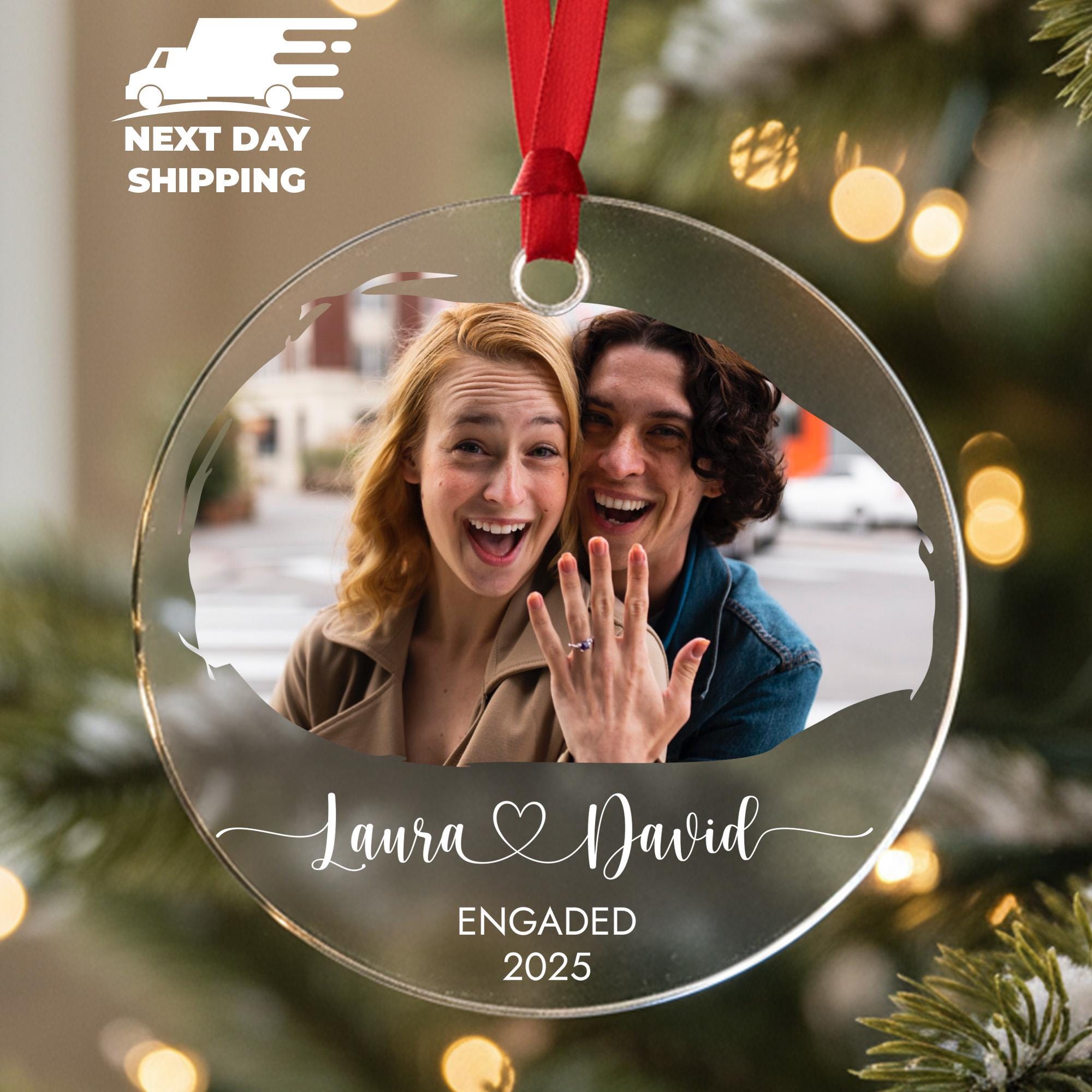 Engagement Photo Ornament for 2025 Christmas, Engaged Picture Keepsake, Couple Names Ornament, Newly Engaged Decor, Fiance Round Ornament