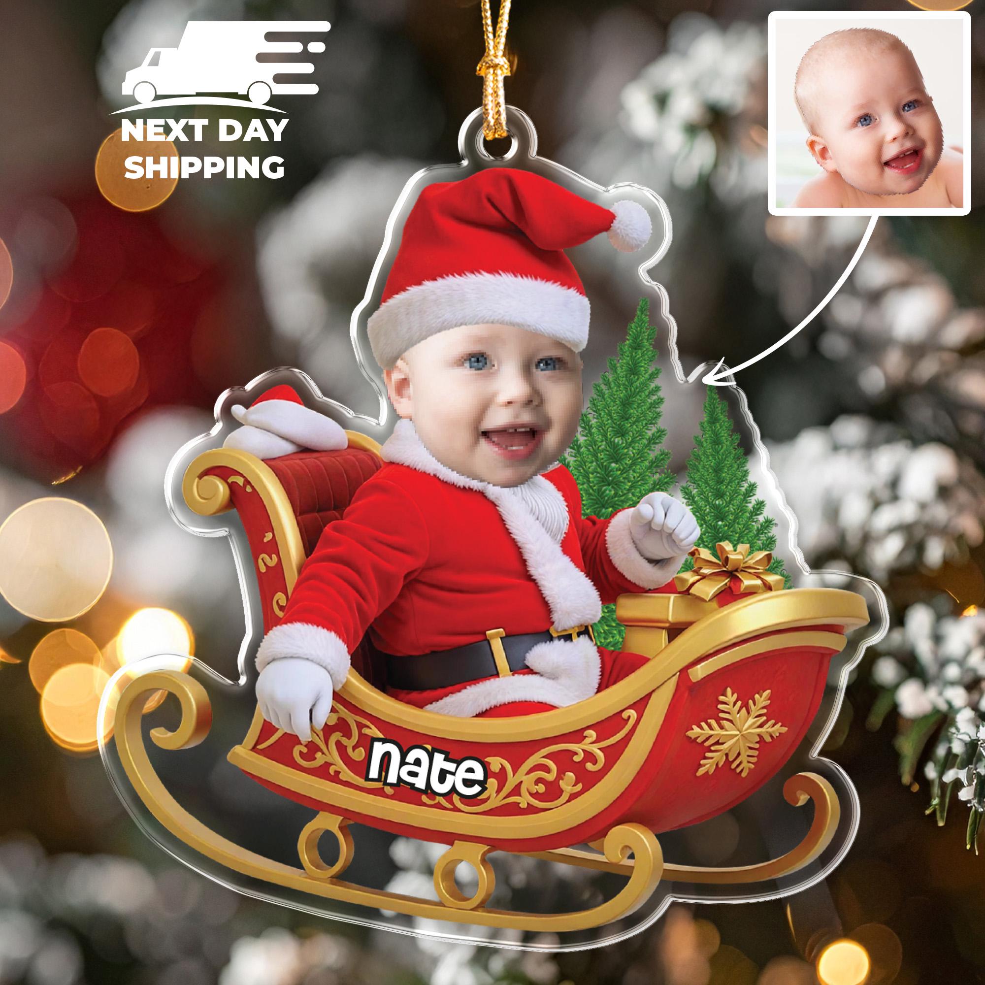Custom Baby Photo Christmas Ornament, Personalized Baby Face Photo Keepsake, Baby In Sleigh Ornament, Santa Baby Ornament, Gift For Kids