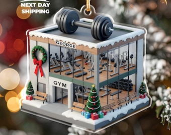 Adorno navideño de gimnasio, adorno personalizado con nombre y mancuernas, adorno para árbol de Navidad, recuerdo de gimnasio, regalo para entrenador.