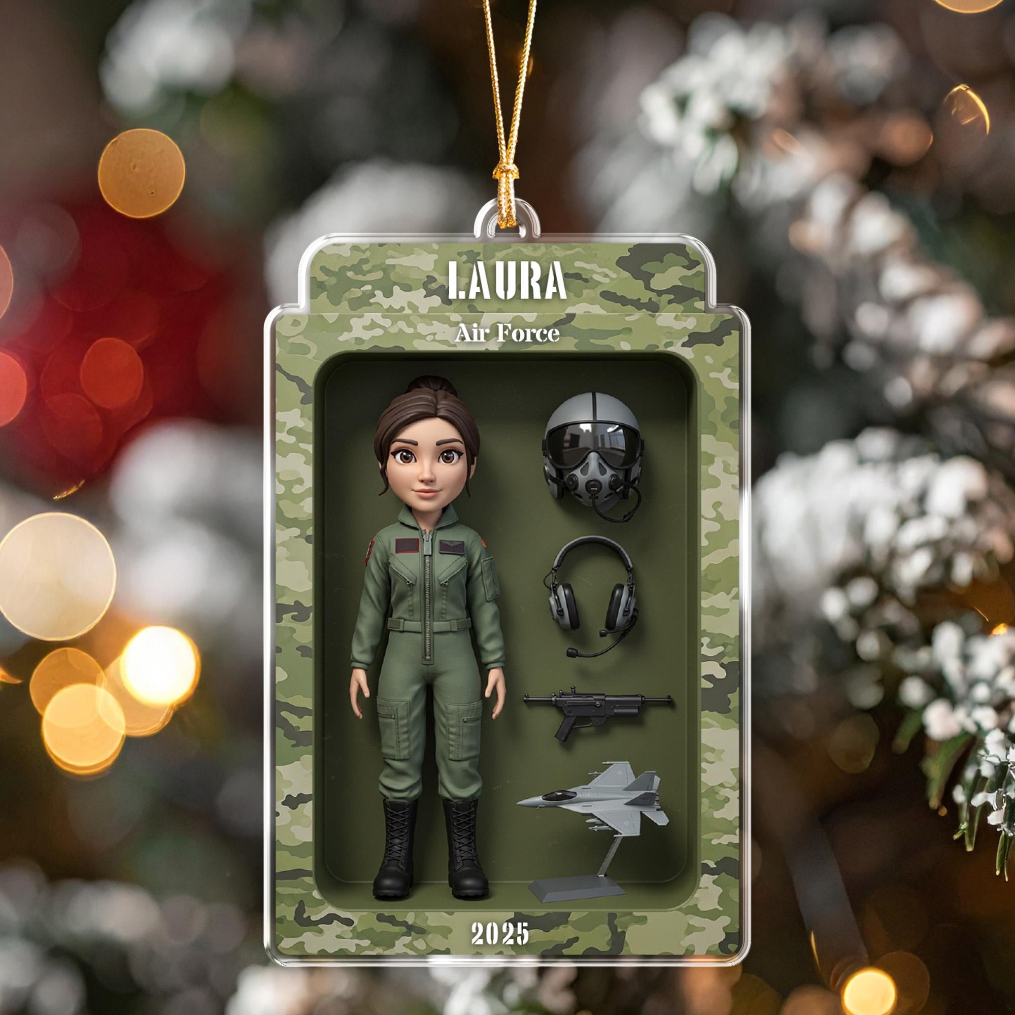 Personalized Air Force Ornament, Custom Name Airwoman Gift, Military Christmas Keepsake, Female Veteran Gift, Pilot Action Figure Acrylic
