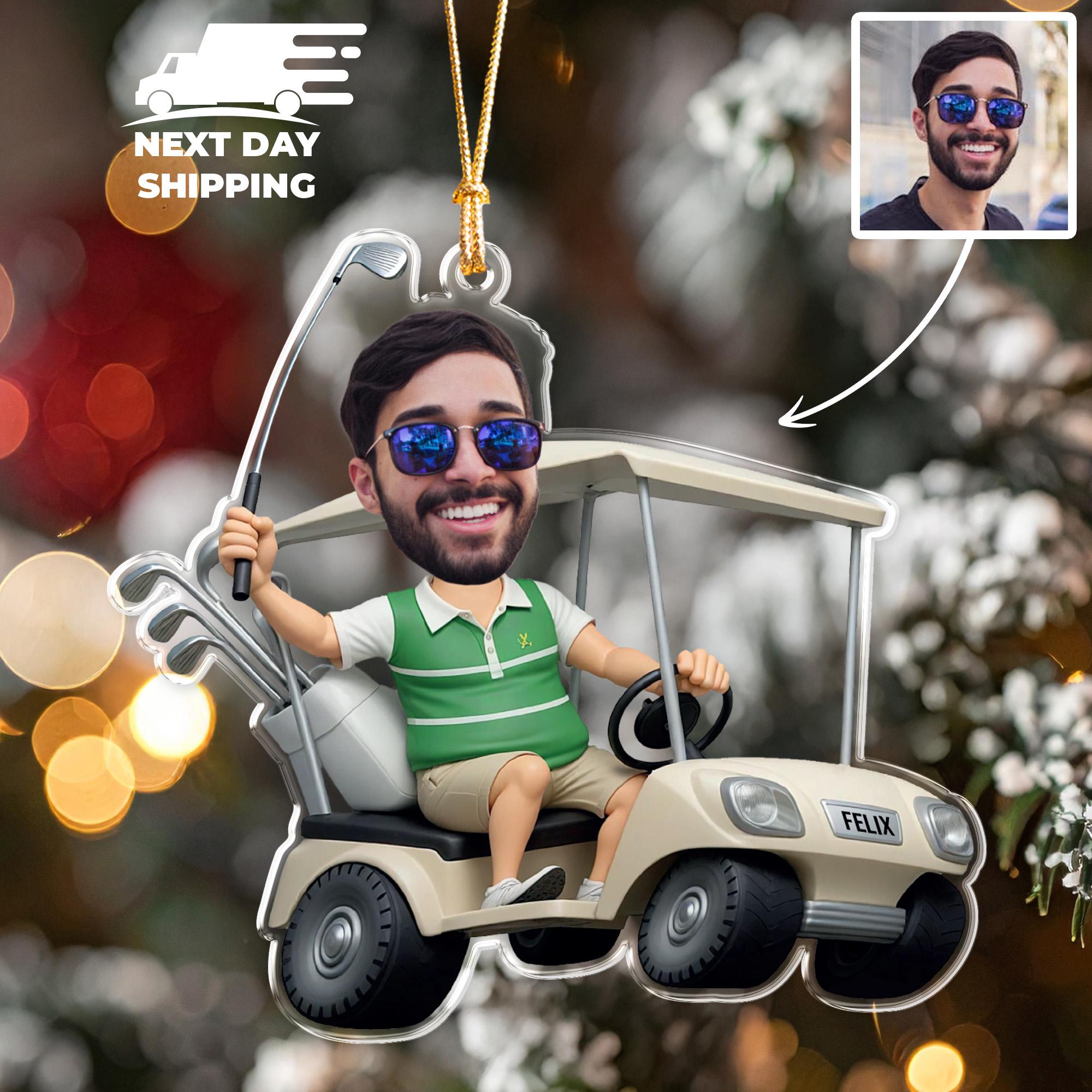 Custom Face Golfer Ornament, Personalized Golf Photo and Name Ornament, Golfing Shaped Acrylic Ornament, Golf Lover Gift, Golf Car Ornament