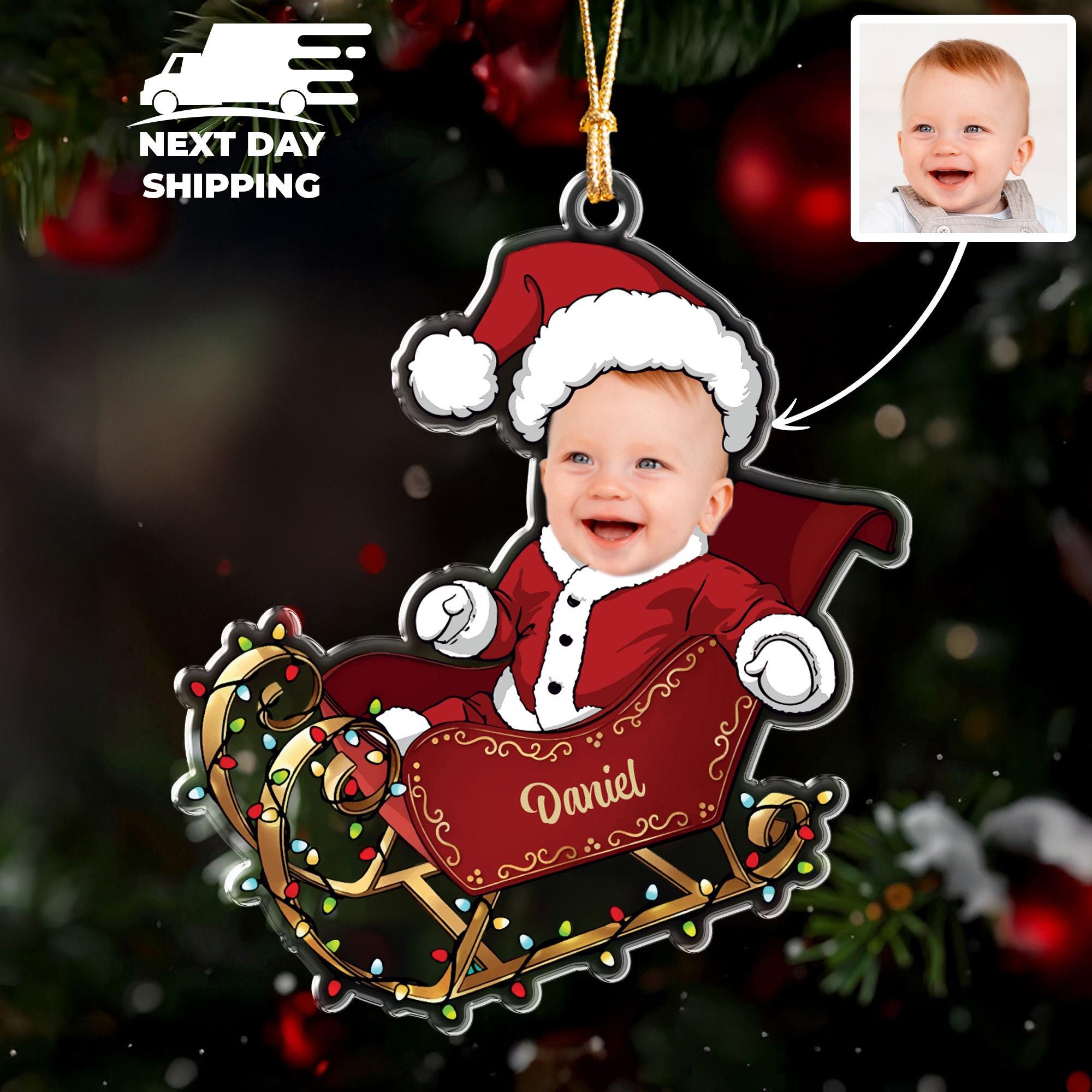 Baby’s First Christmas Ornament, Custom Santa Sleigh With Name & Photo, Personalized Name Keepsake Gift for Family, Cute Holiday Decoration