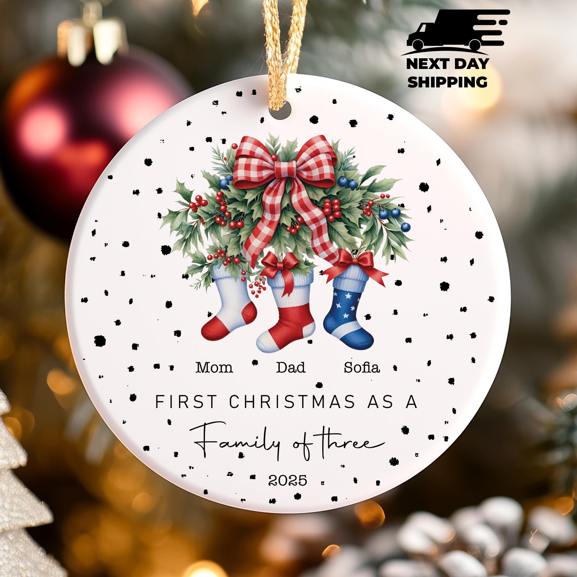Family Of Three Christmas Ornament, Family Stocking Ornament, Custom Family Name, Christmas Gift, Gift For Family, Christmas Tree Decoration