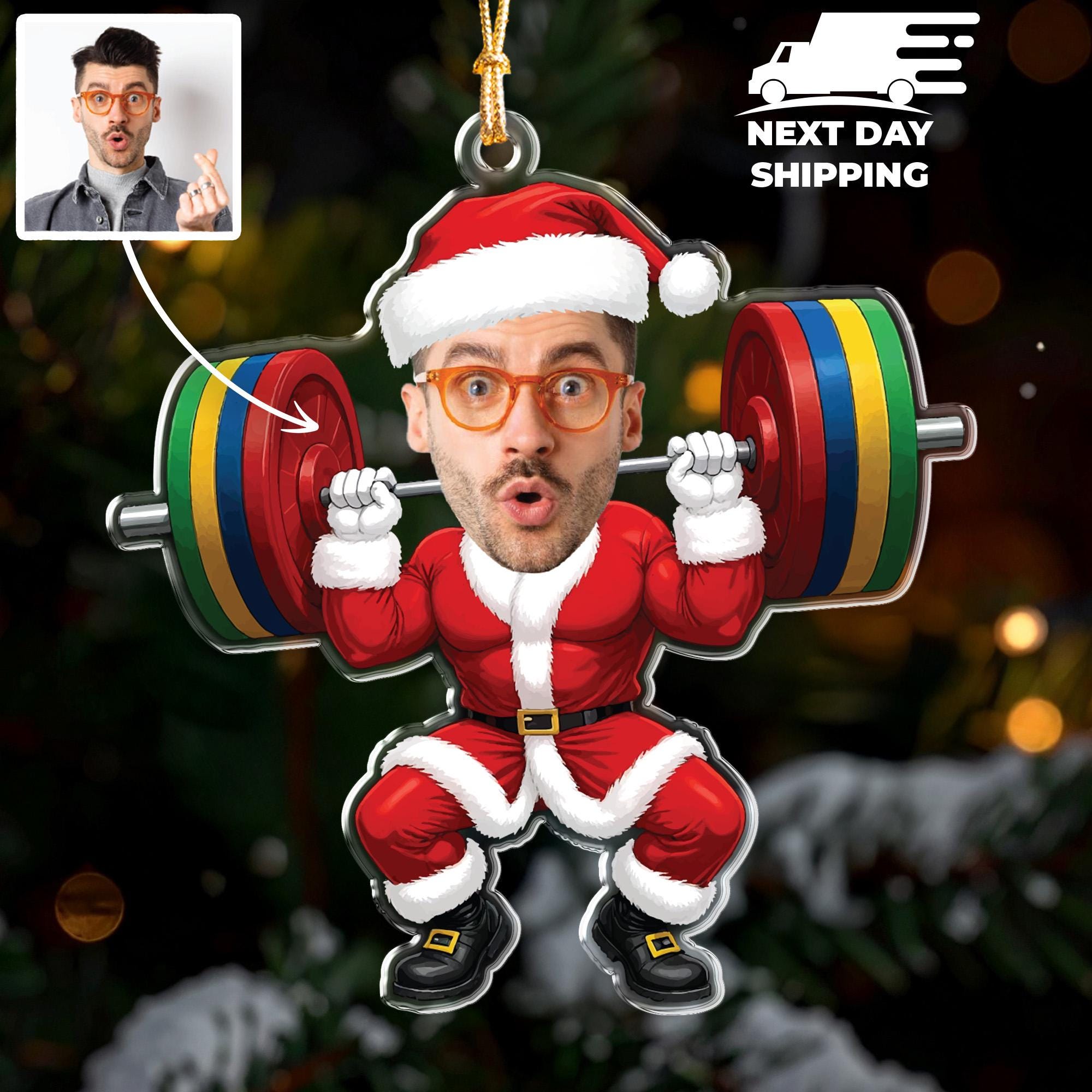Custom Photo Weightlifting Santa Clause Ornament, Funny Boyfriend Gym Ornament, Personalized Face Photo Christmas Ornament, Gift for Gym Dad
