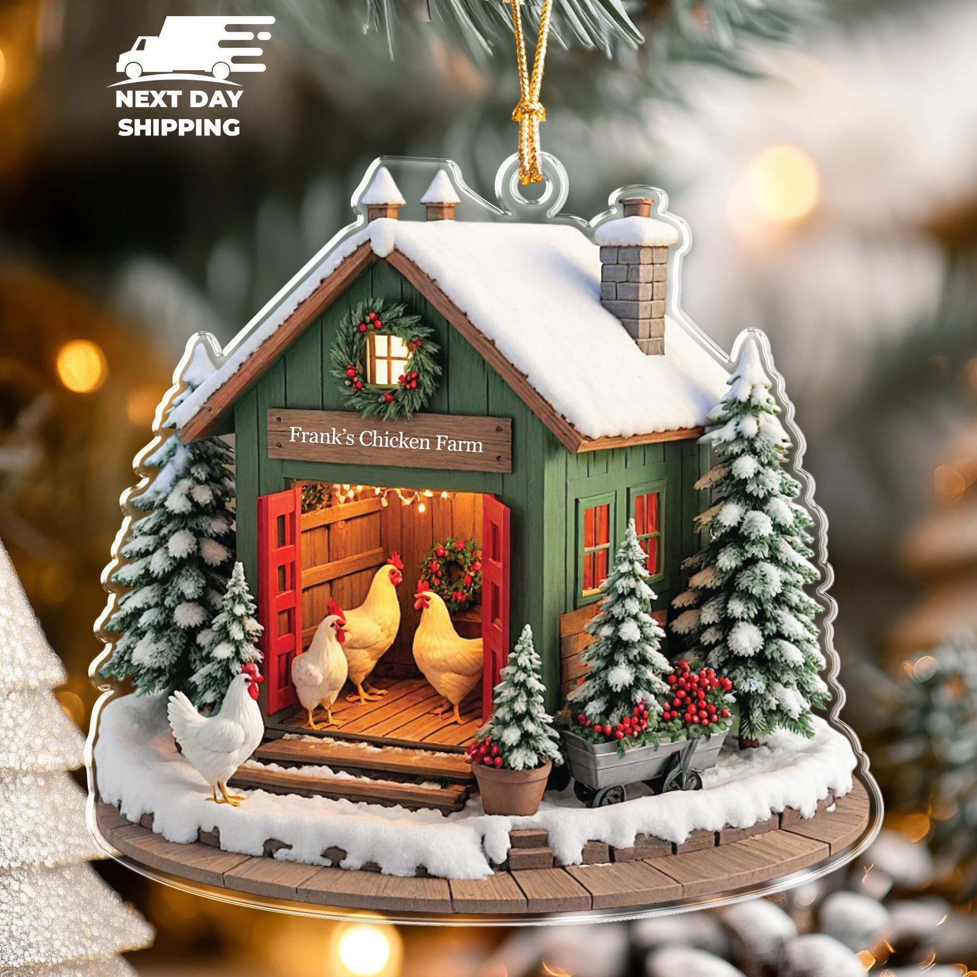 Farmhouse Chicken Ornament, Custom Name Chicken Coop Xmas Decoration for Chicken Owner, Farmer or Homestead Lover, Chicken Barn Decoration