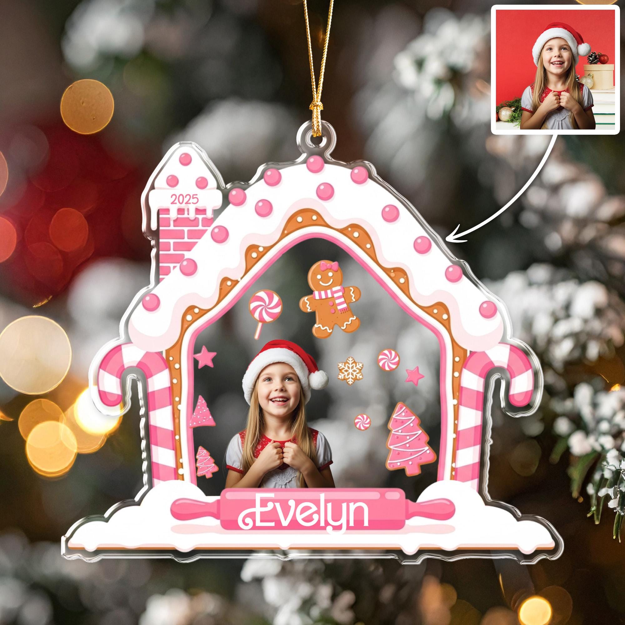 Personalized Gingerbread House Ornament, Custom Photo Ornament Gift for Girl, Christmas Baking Keepsake, Toddler Holiday Acrylic Decor 2025
