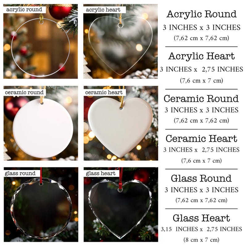 Puede incluir: Una colecci&oacute;n de adornos navide&ntilde;os redondos y en forma de coraz&oacute;n. Los adornos son de acr&iacute;lico, cer&aacute;mica y vidrio. Cada adorno mide 7,6 cm x 7,6 cm o 7 cm, el coraz&oacute;n de vidrio mide 8 cm x 7 cm.