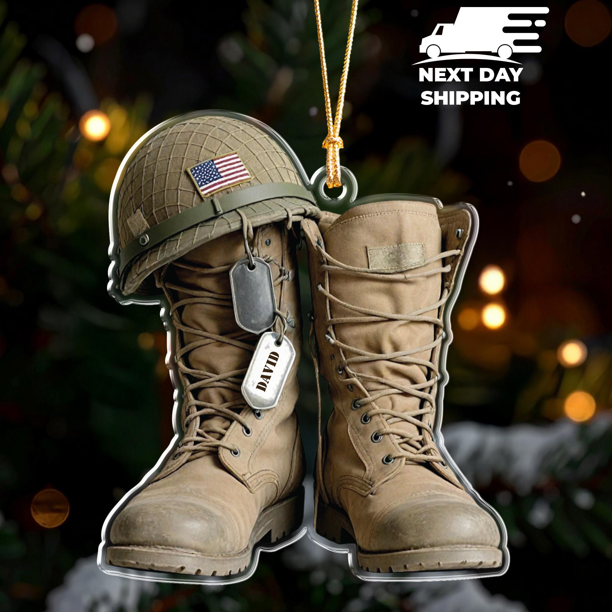 Military Soldier Ornament, Personalized Name Tag, Army Boot and Helmet Xmas Gift, Gift for Military Family, Soldier, Veteran or Active Duty