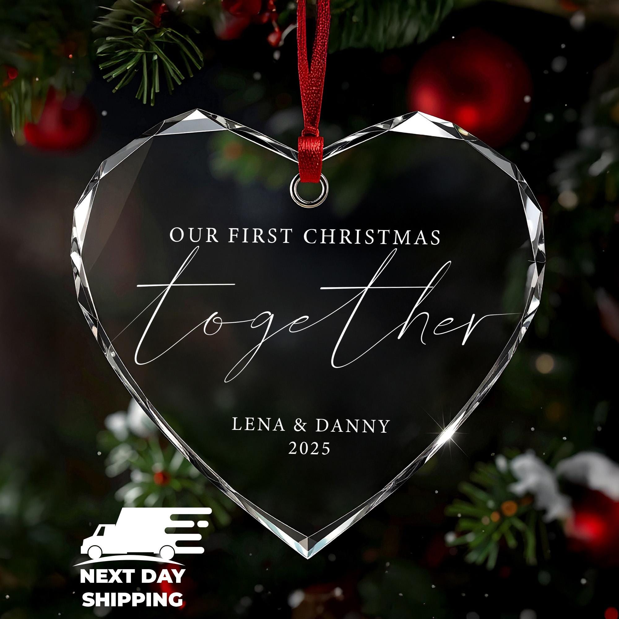 Couple Christmas Celebration Ornament, First Christmas Together Keepsake, Acrylic Ceramic Glass Heart Ornament, Personalized Newlywed Gifts