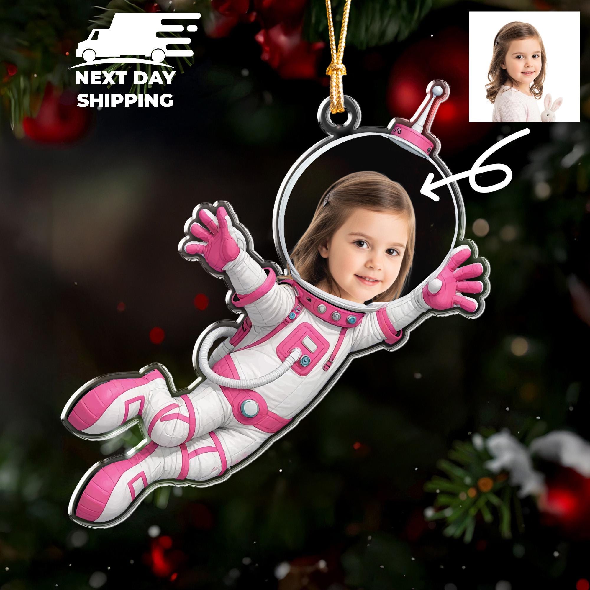 Custom Kid Face In Astronaut Costume Ornament, Personalized Acrylic Photo Ornament, Spaceman Child Christmas Ornament, Gift For Son Daughter