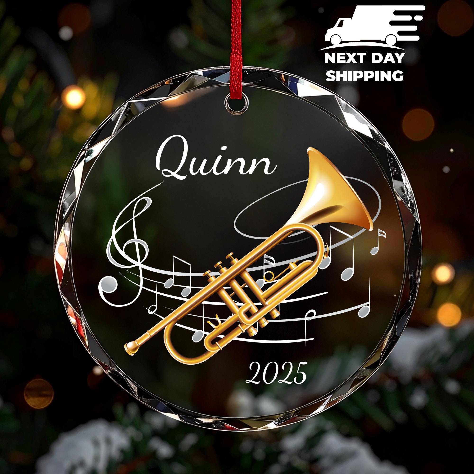Band Trumpet Ornament, Gold Musical Instrument Keepsake, Marching Band Ornament, Trumpet Player Gift, Custom Name Ornament, Christmas Gift