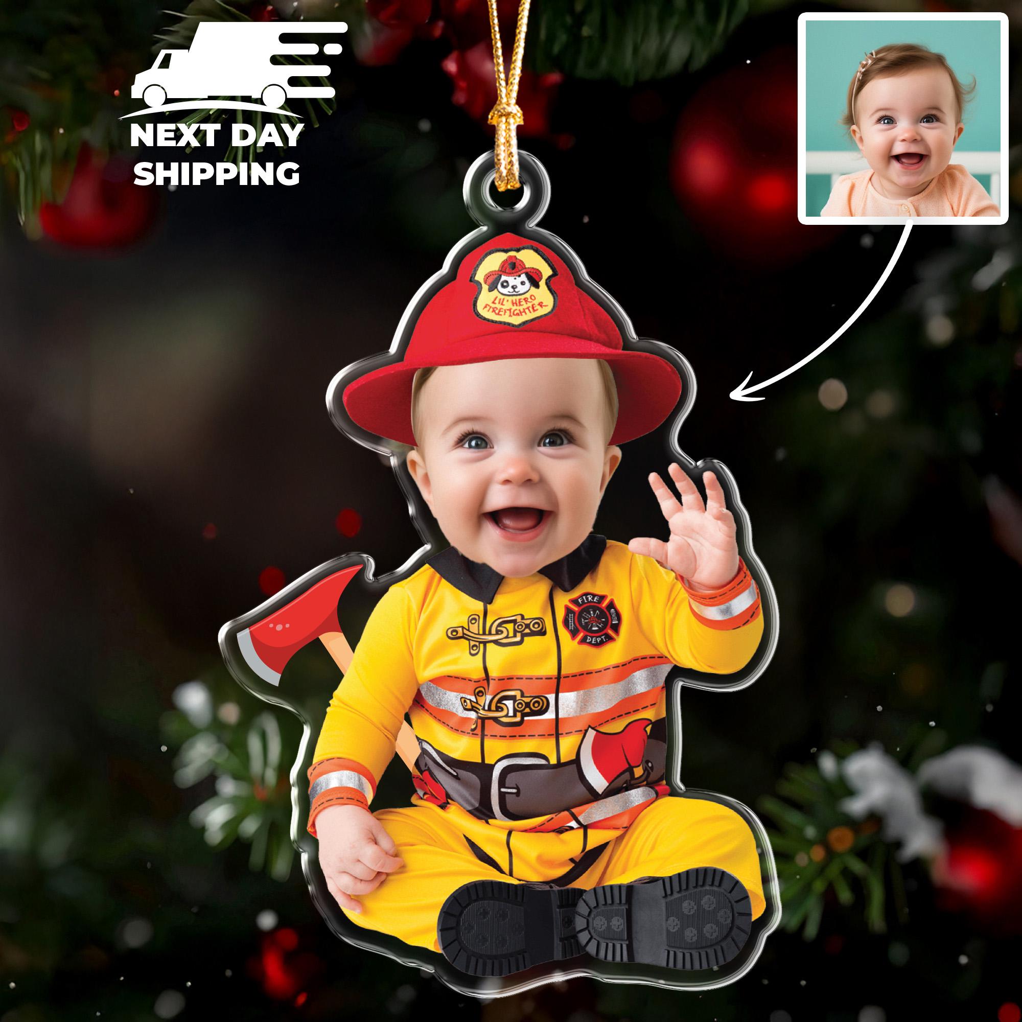 Little Hero Firefighter Ornament, Baby In Fireman Costume Ornament, Personalized Baby Face Photo Keepsake, Baby Christmas Ornament