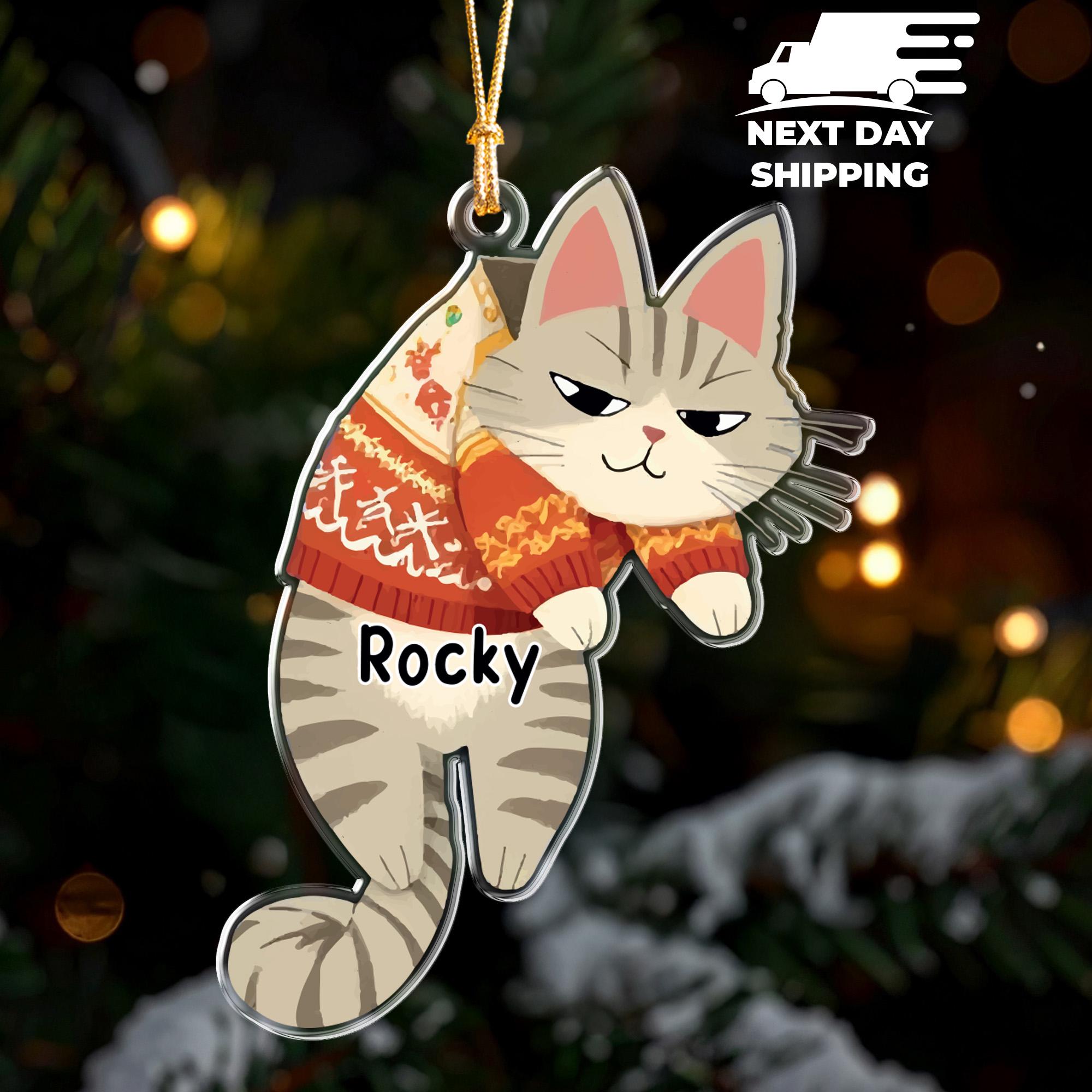 Cat in Christmas Sweater Ornament, Personalized Cat Ornament, Cat Mom & Dad Gift, Sassy Cat Xmas Tree Decoration, Custom Name Cat Lover Gift