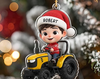 Adorno de tractor personalizado, regalo con nombre personalizado para niño, recuerdo navideño de granjero, decoración de vehículo agrícola para niños, regalo navideño 2025