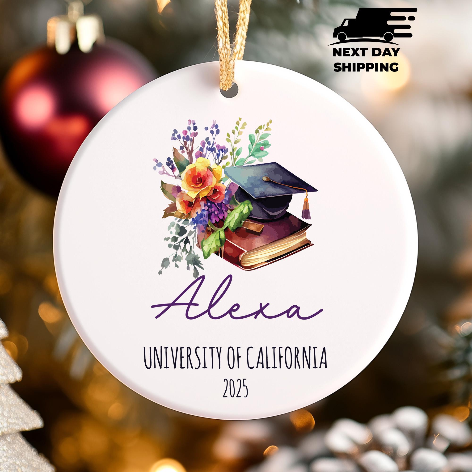 Floral Graduation Ornament 2025, Personalized College Graduate Gift, Custom Name University Keepsake, Cap and Books Christmas Ornament