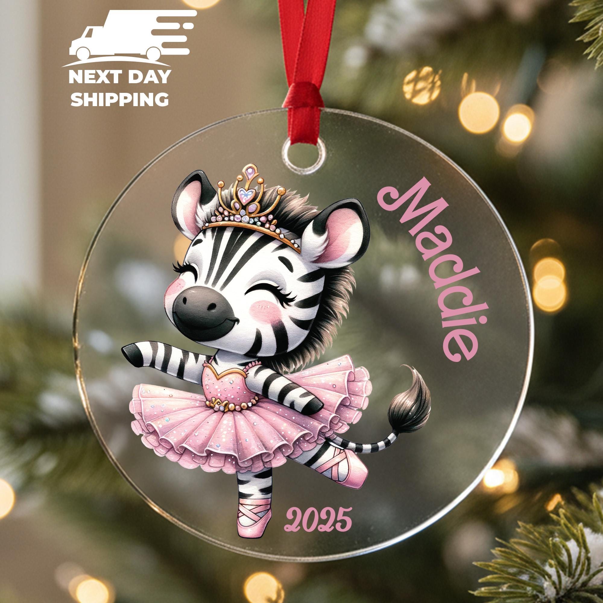 Cute Zebra Princess Ornament, Custom Ballerina Ornament, Baby Girl Name Keepsake, Round Heart Christmas Decor, Girls Stocking Stuffer Gift