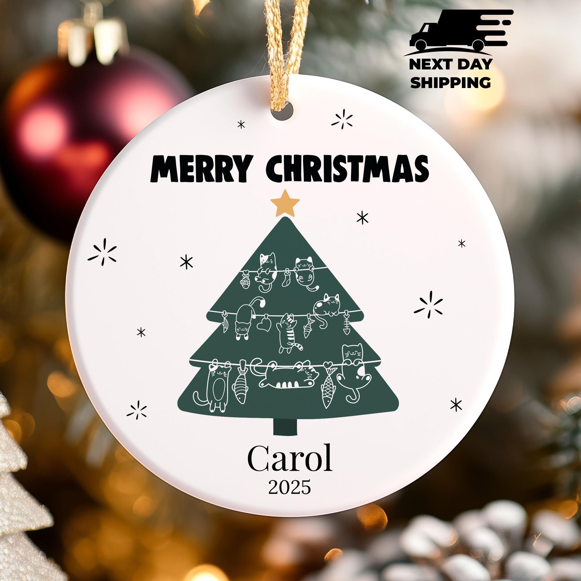 Personalized Cat Christmas Tree Ornament, Cute Kitty Holiday Decoration, Custom Name and Year Pet Lover Gift, Funny Cat Lover Ornament 2025