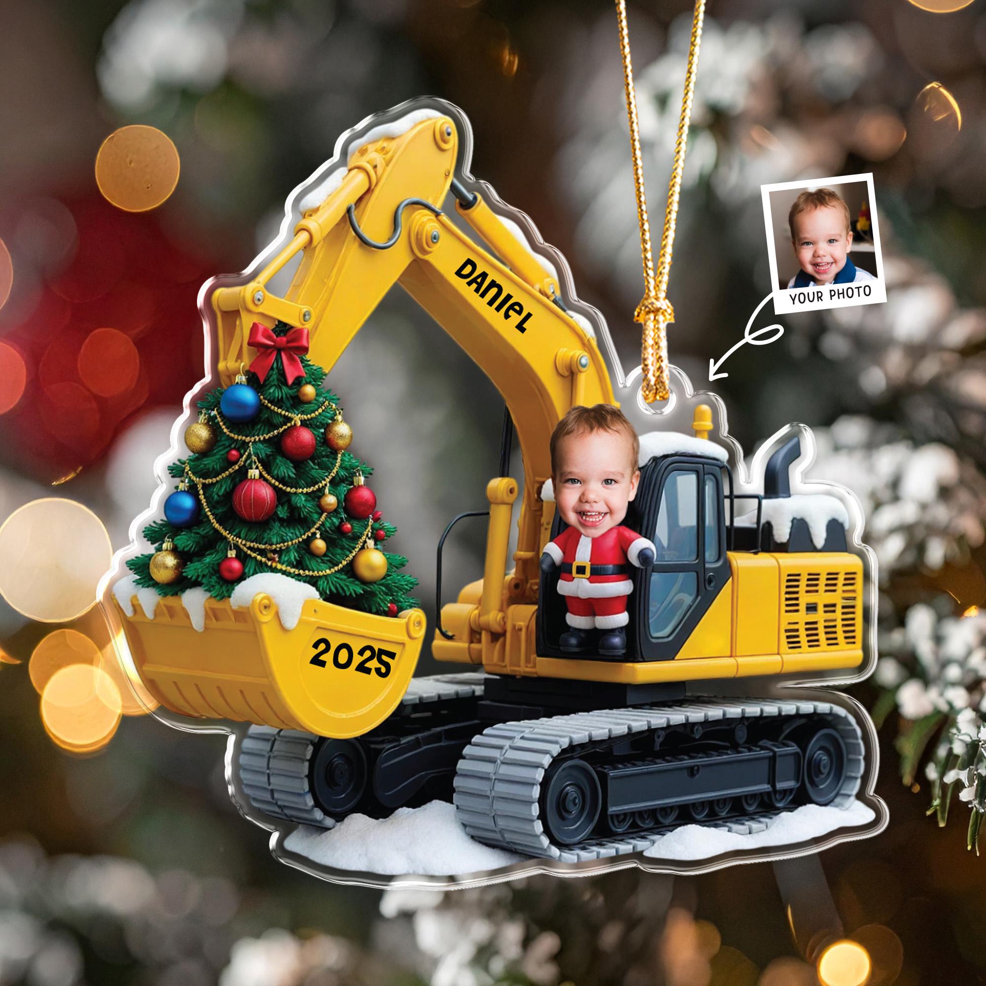 Personalized Excavator Ornament, Custom Photo Name Gift for Boy, Construction Digger Keepsake, Toddler Christmas Tree Decor, Gift for Kid