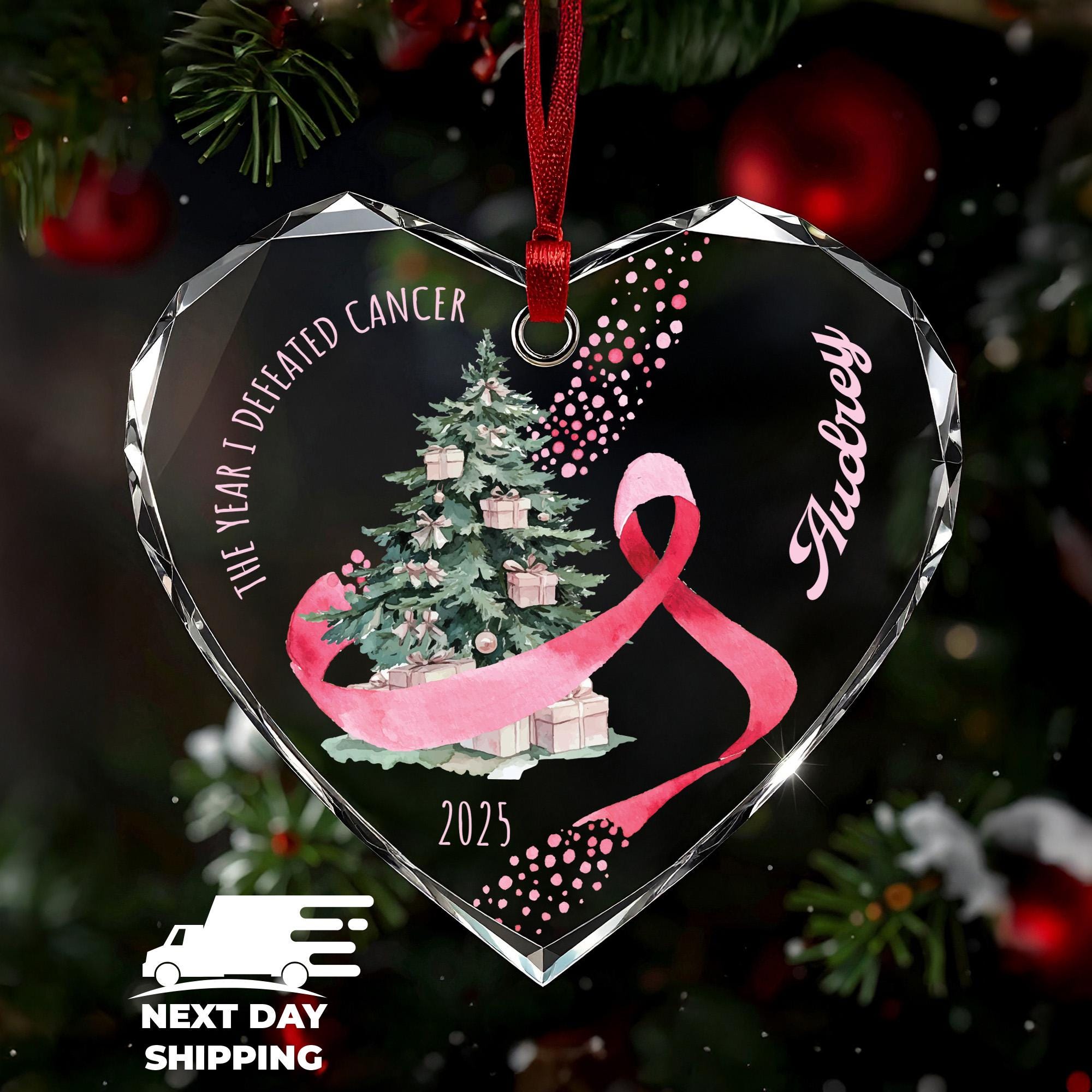 The Year I Defeated Cancer Ornament 2025, Breast Cancer Survivor Ornament, Personalized Pink Ribbon Christmas Gift, Custom Name Keepsake