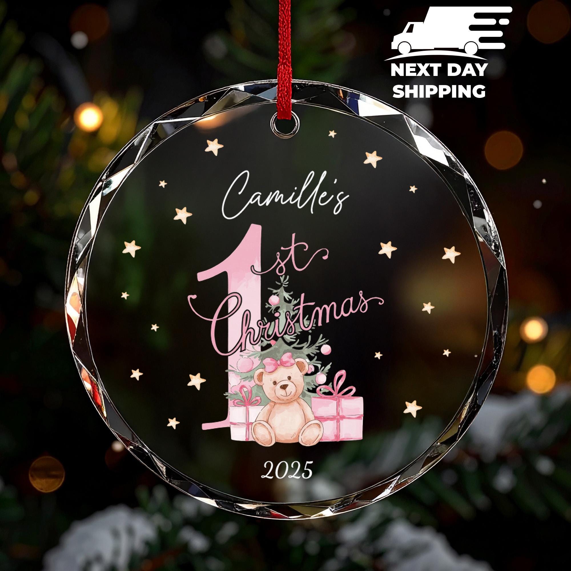 Baby Girl First Christmas Ornament 2025, Personalized 1st Christmas Ornament with Name, Pink Teddy Bear Keepsake, Custom Holiday Gift