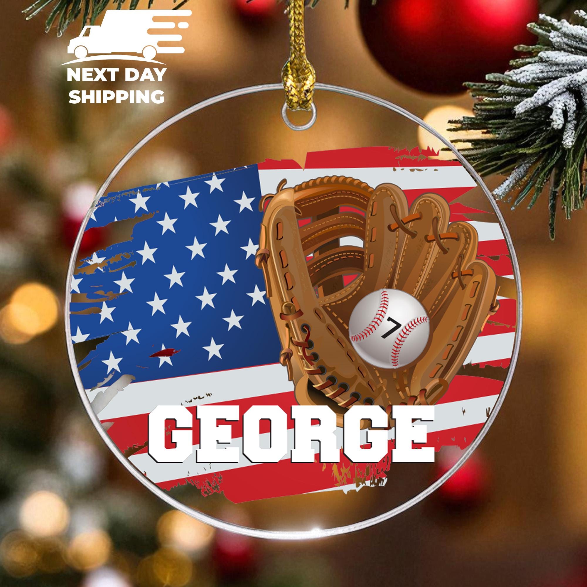 Personalized Baseball Glove Ornament, American Flag Baseball Keepsake, Custom Player Name and Number Gift, Sports Team Ornament 2025