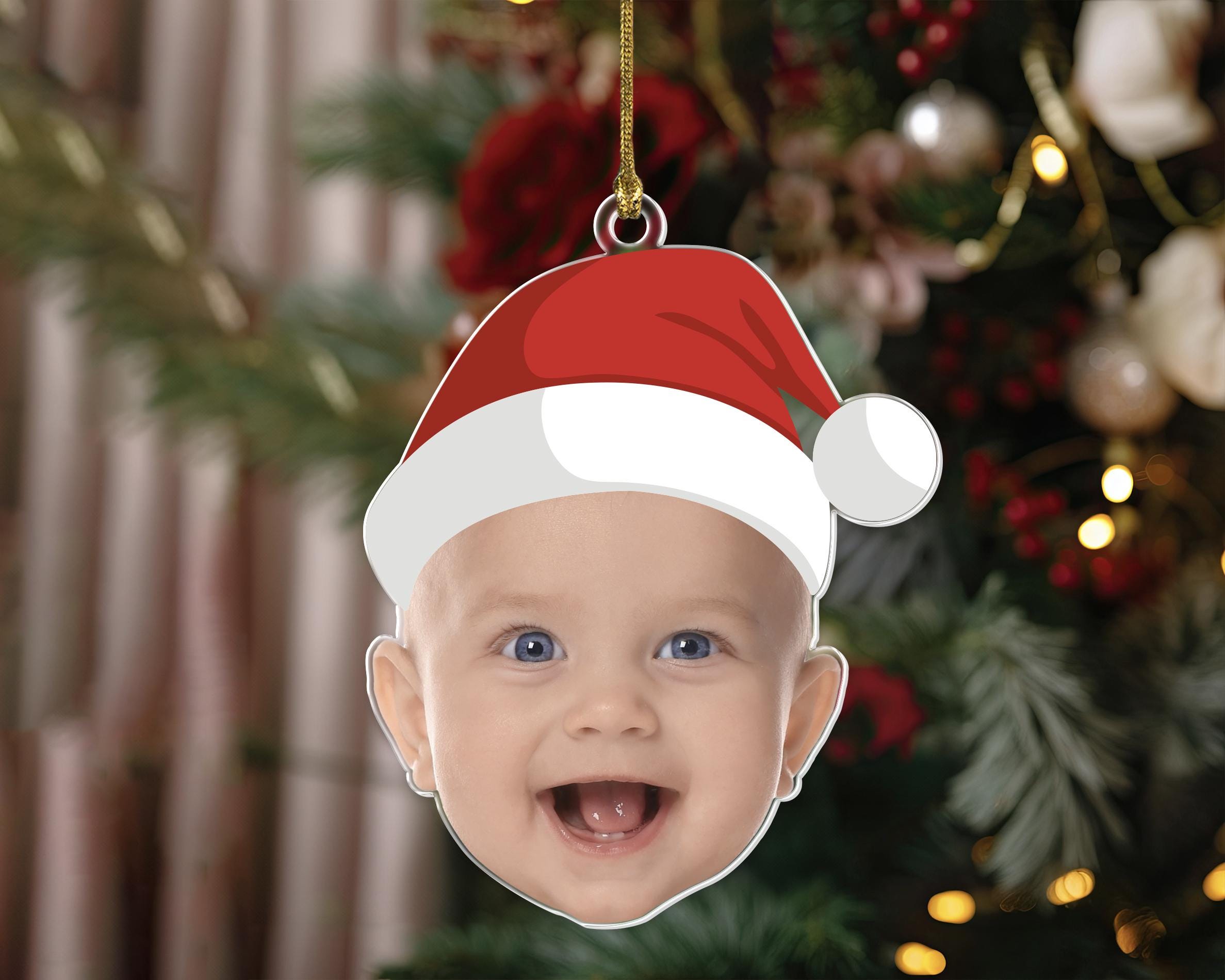 Baby Face Photo Ornament, Baby First Christmas Ornament, Funny Face Ornament, Santa Hat Ornament, Custom Photo Ornament, Christmas Gifts