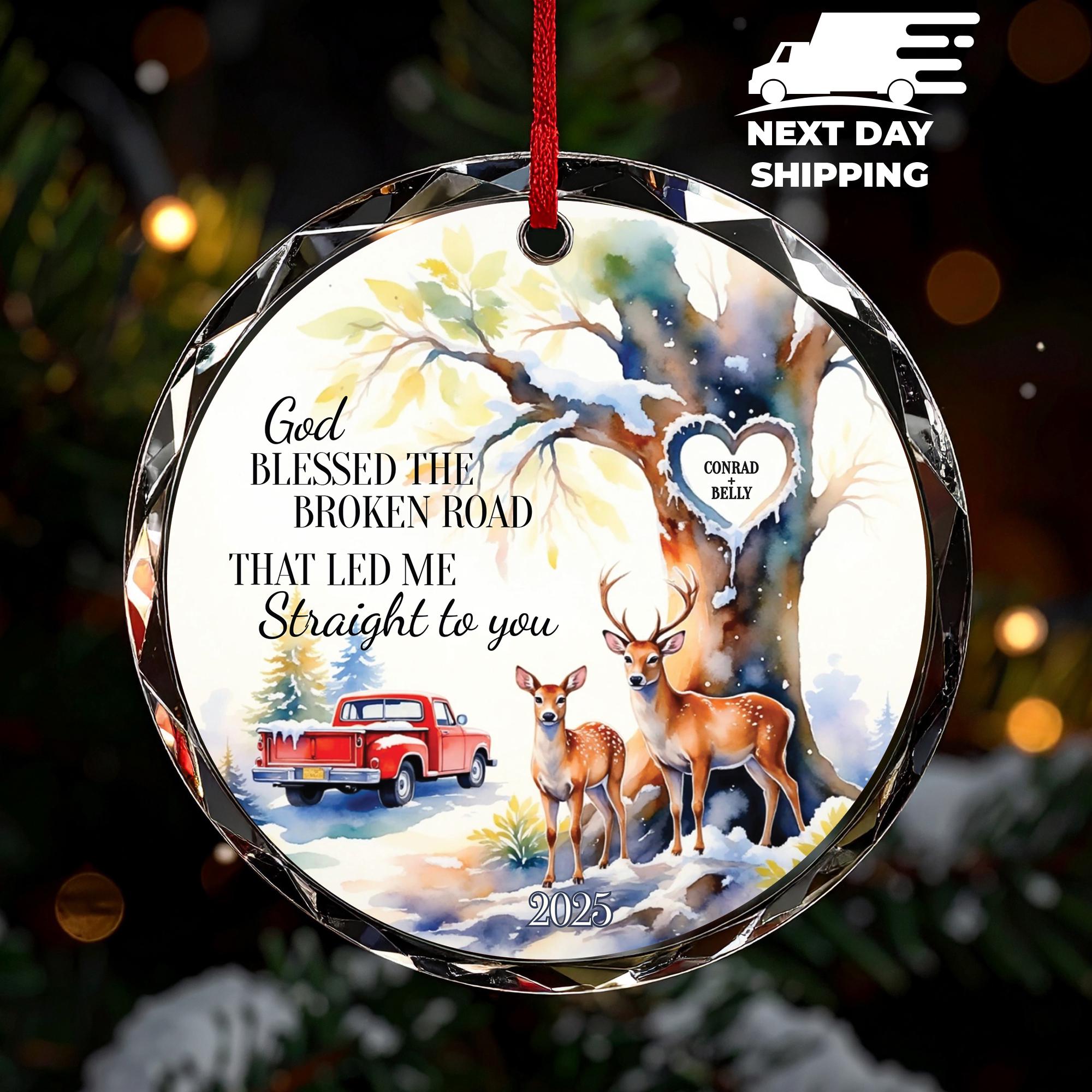 Deer Christmas Ornament with Red Truck, God Blessed the Broken Road That Led Me Straight to You, Personalized Memorial Gift 2025 Christmas