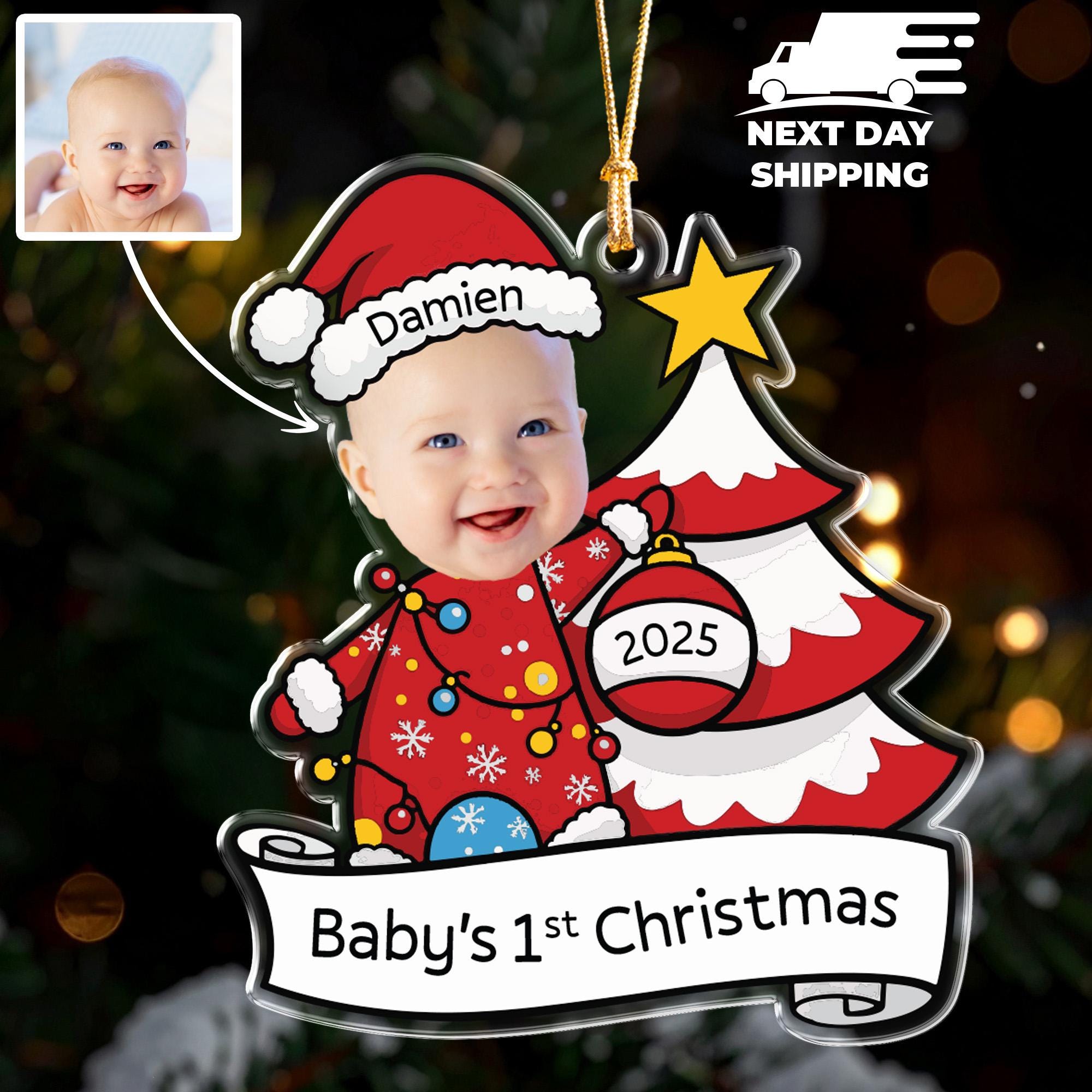 Baby First Christmas 2025 Ornament, Unique Acrylic Ornament for Newborn, Custom Photo Keepsake with Name, Baby Boy Girl Santa Hat Ornament