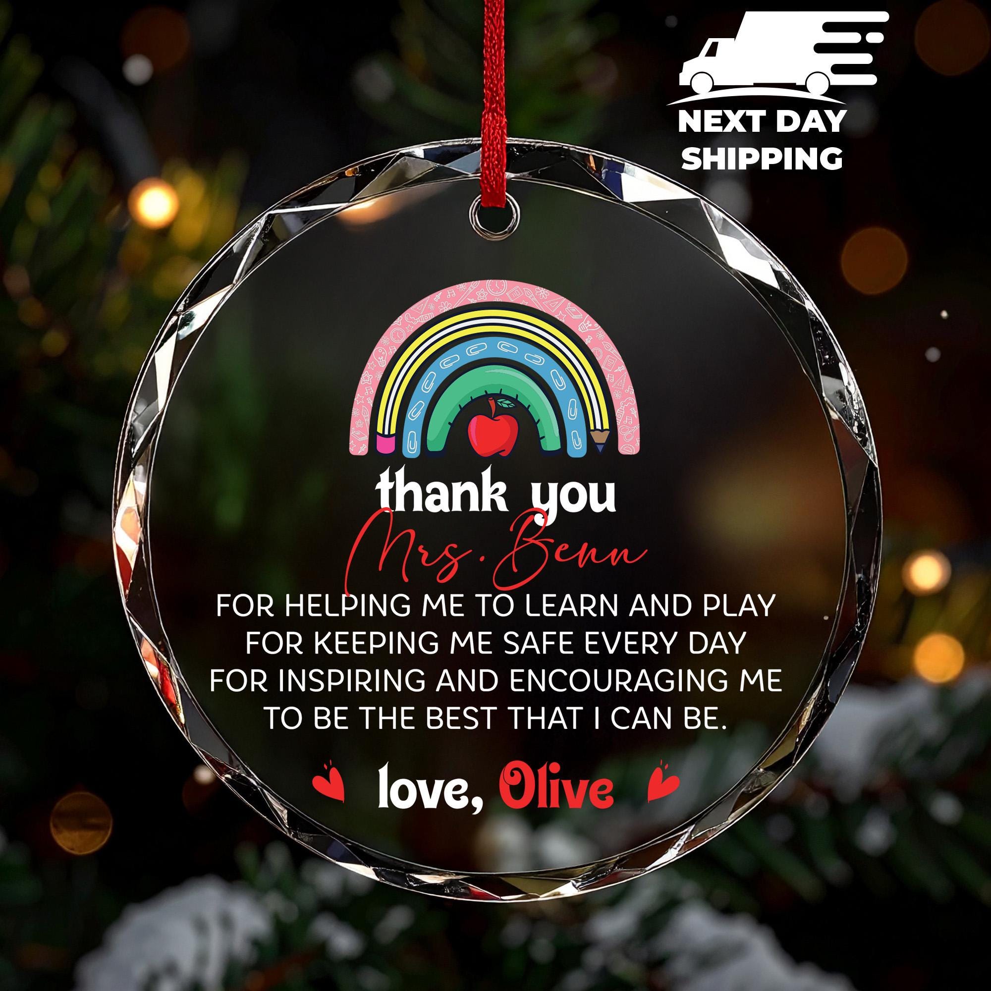 Personalized Thank You Teacher Gifts, Teacher Christmas Ornament, Custom Teacher Keepsake Gift, Teacher Appreciation Rainbow Ornament