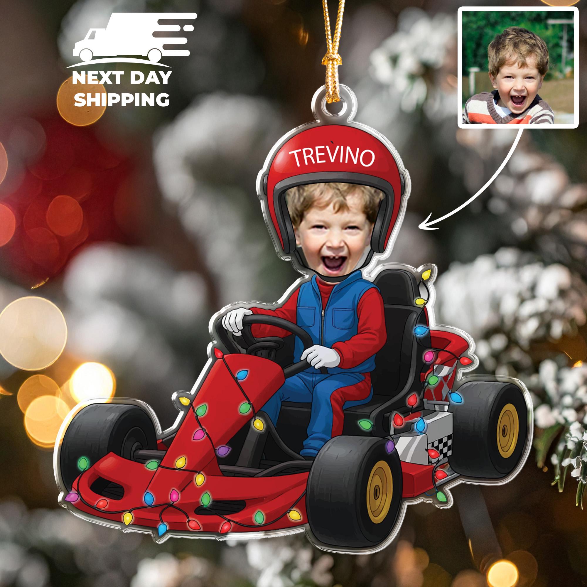 Kids Go Kart Ornament, Custom Children Face Racing Car Keepsake, Personalized Acrylic Photo Ornament, Gift For Future Racer, Hobby Ornament