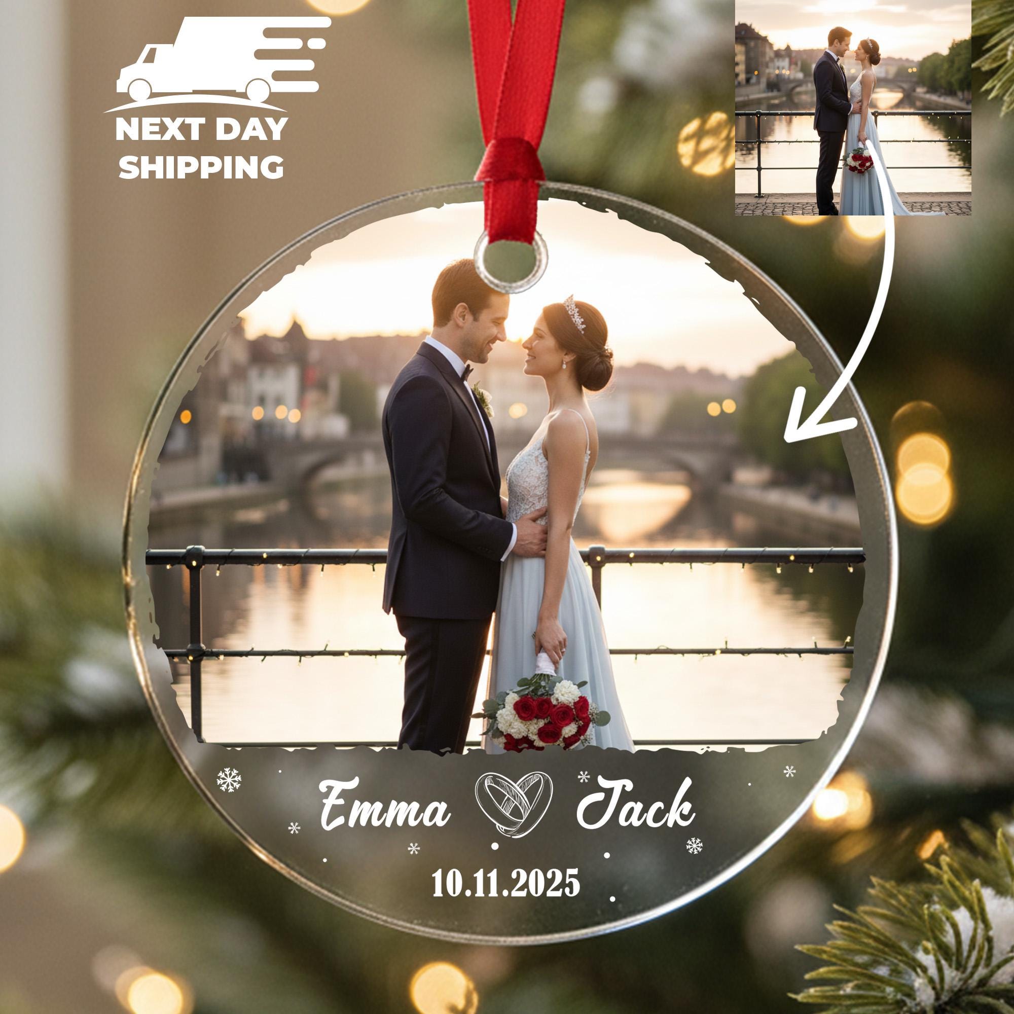 Couple Wedding Photo Ornament, Wedding Rings Ornaments, Wedding Day Date Keepsake, Husband and Wife Picture Ornament, Bride Groom Ornament