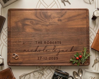 Tabla de cortar personalizada de bambú y nogal, regalo de compromiso, regalo de boda personalizado para parejas, tabla de cocina con nombre y fecha grabados.