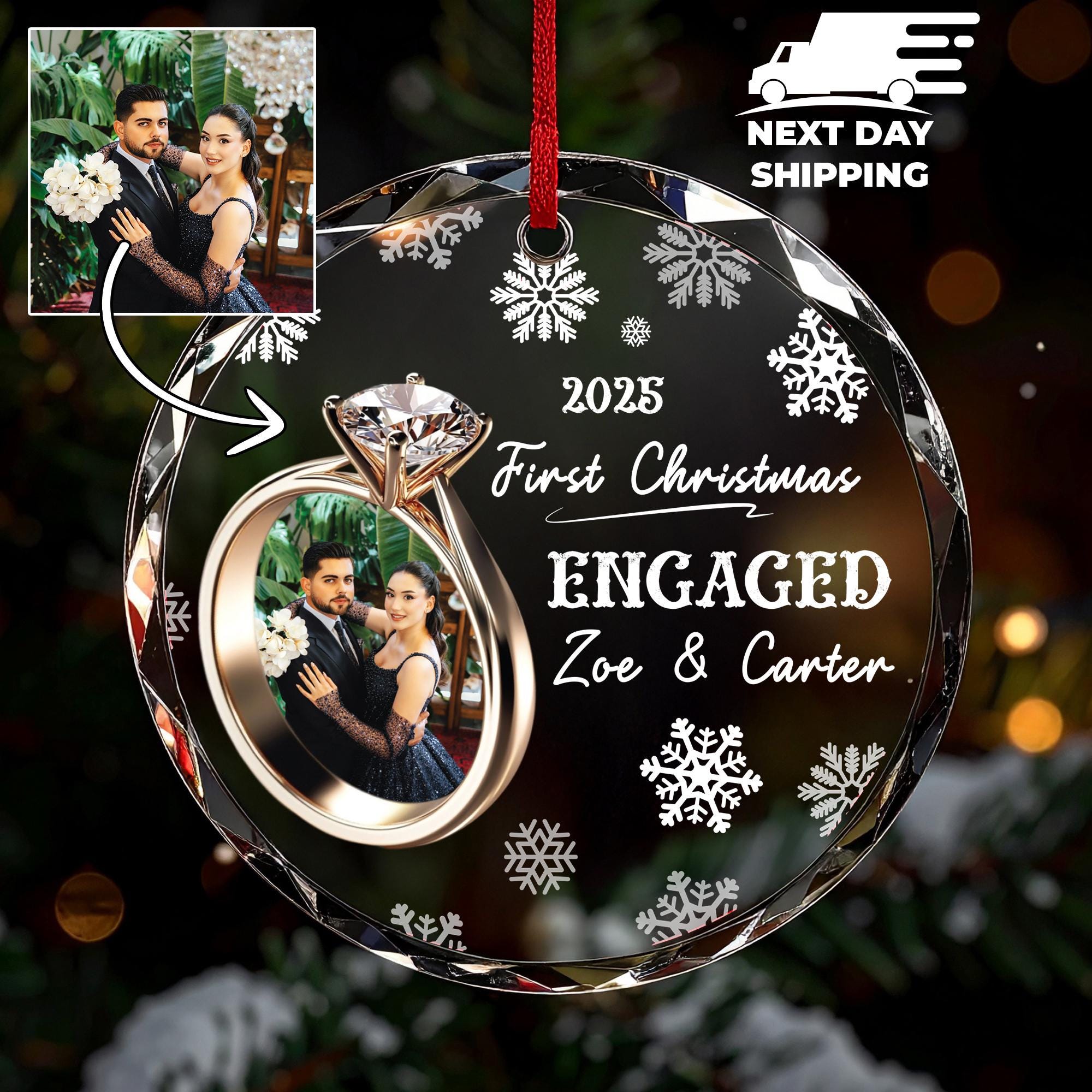 First Christmas Engaged Ornament, Couple Ornament, Personalized Soulmate Name Ornament, Custom Photo Keepsake, Engagement Ring Ornament