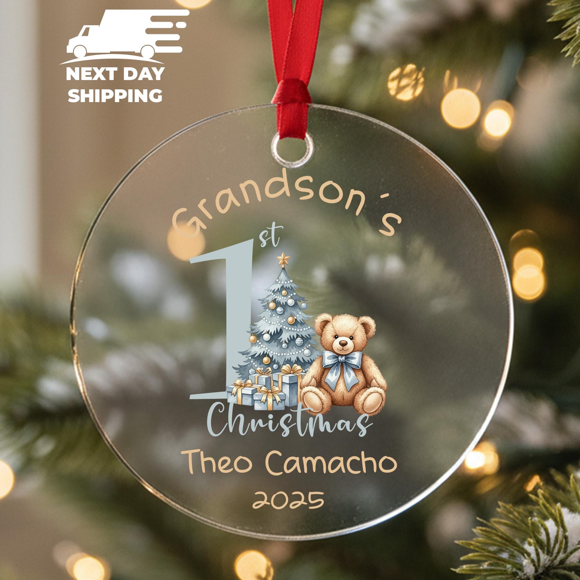 Grandson First Christmas Ornament 2025, Personalized Baby Boy Ornament with Name, Cute Teddy Bear Christmas Keepsake, Custom Holiday Gift