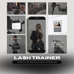 Könnte beinhalten: Digitales Marketing-Grafik mit Smartphone und Website-Mockups. Der Text enthält "Lash Trainer" und "Posts & Matching Stories". Die Mockups zeigen Online-Kurse und Business-Guides.
