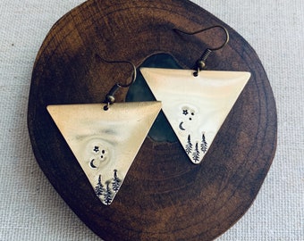 KAT forest stamped brass triangle earrings Colorado Valley Mountain jewelry Colorado mountain Handmade in Breckenridge Colorado Mountain top