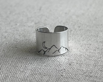 Mountain trees and moon band ring  Mountain jewelry Colorado mountain Handmade in Breckenridge Colorado Mountain top