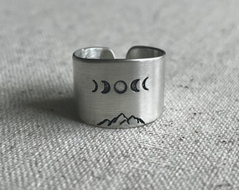 REBIRTH Mountain phases of the moon band ring  Mountain jewelry Colorado mountain Handmade in Breckenridge Colorado Mountain top