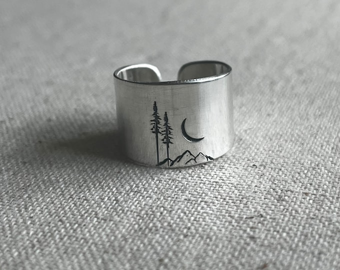 Mountain trees and moon band ring  Mountain jewelry Colorado mountain Handmade in Breckenridge Colorado Mountain top