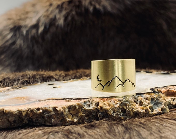 ELEVATED ring mountain and crescent sustainable brass Mountain jewelry Colorado mountain Handmade in Breckenridge Colorado Mountain top