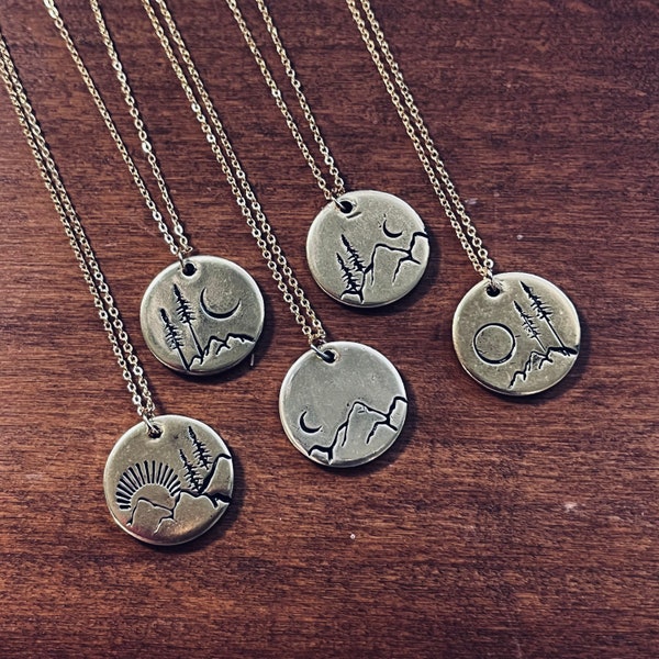 Landscape jewelry- Outdoors - Mountain jewelry dainty coin necklace - Nature necklace - trendy jewelry - handstamp coin pendant 14k GF chain
