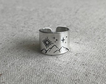 DREAM Mountain trees and moon band ring  Mountain jewelry Colorado mountain Handmade in Breckenridge Colorado Mountain top