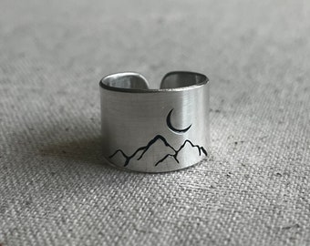 TRUST Mountain crescent moon band ring  Mountain jewelry Colorado mountain Handmade in Breckenridge Colorado Mountain top