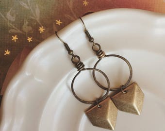 CHEVRON dangle antiqued brass handforged loop long earrings
