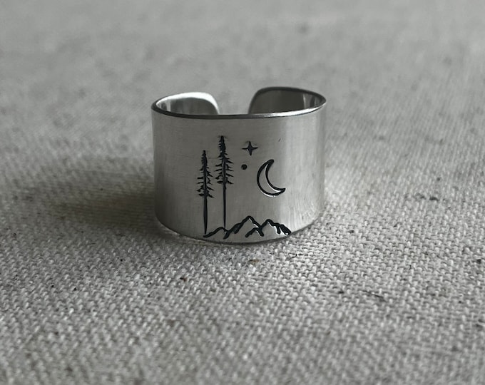 REFLECT Mountain trees and moon band ring  Mountain jewelry Colorado mountain Handmade in Breckenridge Colorado Mountain top