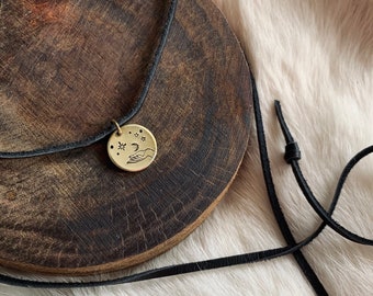 MAKE MAGIC CHOKER stamped brass coin deerskin suede cord