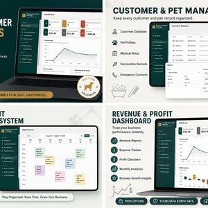 Pode incluir: Um kit de ferramentas digitais para tosadores de cães em telas de computador, com painel de controle, gestão de clientes e animais, agendamento de consultas e rastreamento de receitas. A interface usa verde escuro e branco.